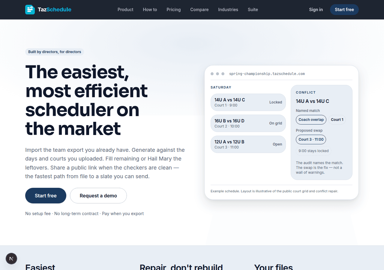 TazSchedule home — built for directors scheduling weekends