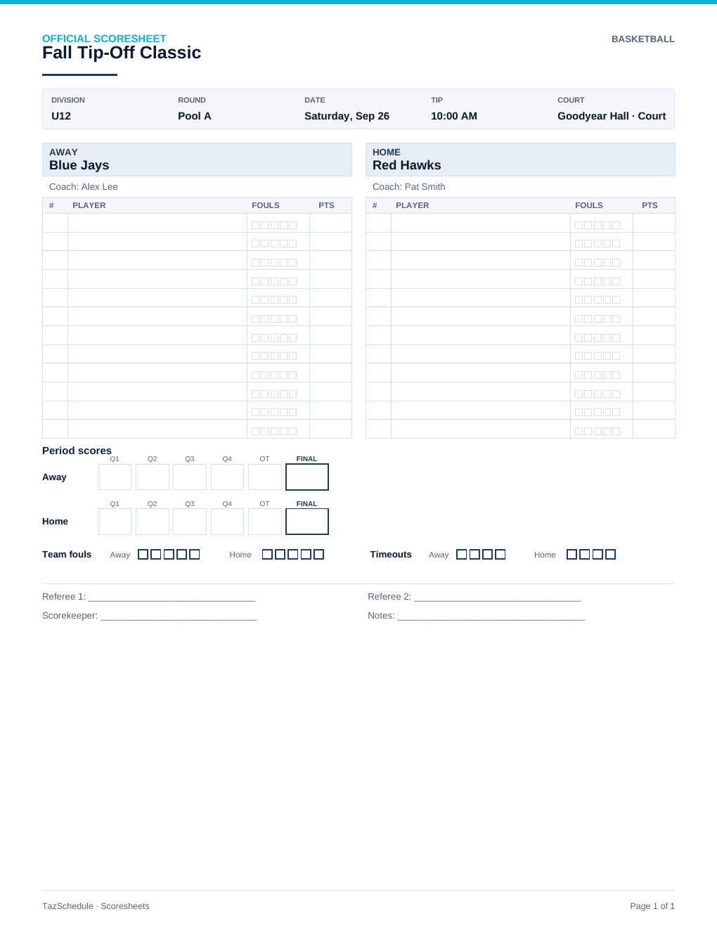 Sample basketball scoresheet