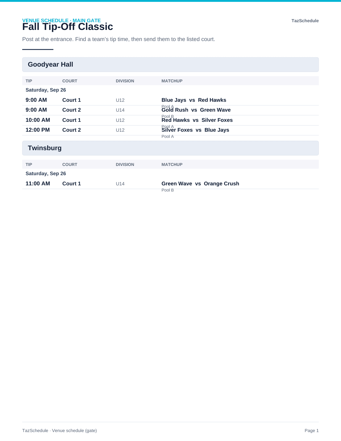 Sample venue schedule for the main gate