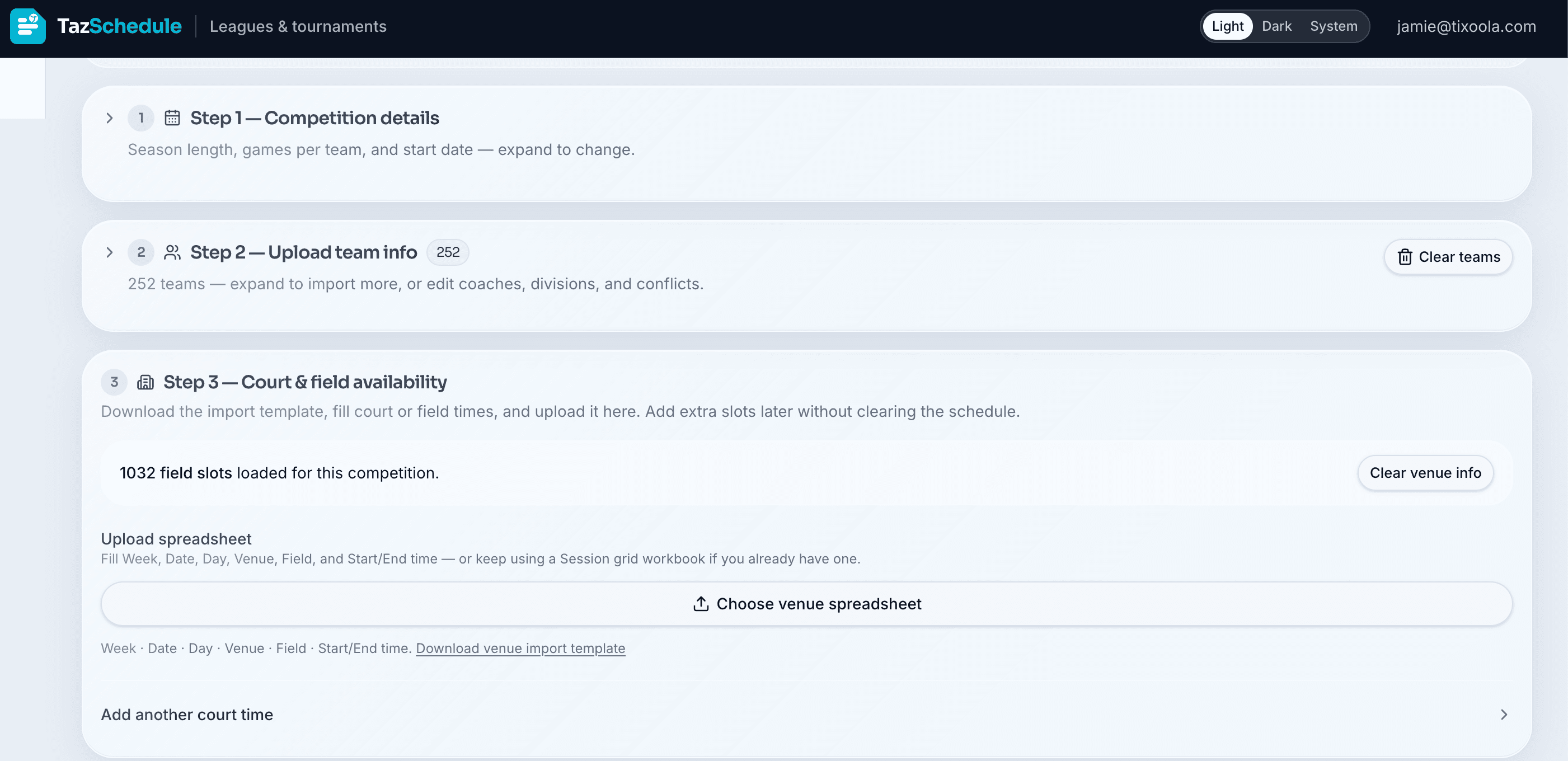 Upload team info and court/field availability